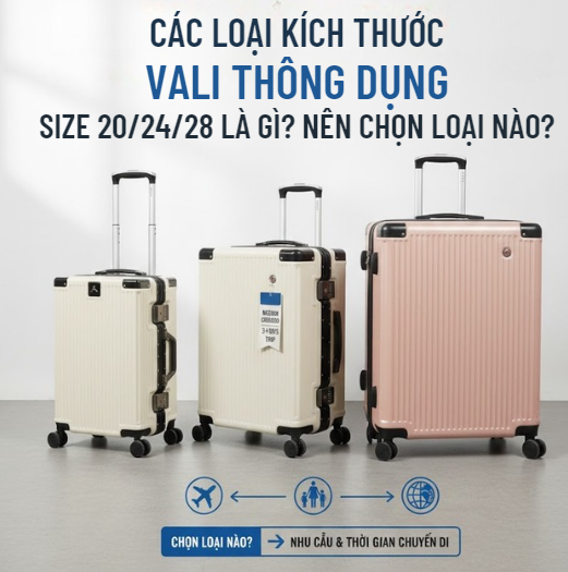 Các loại kích thước vali thông dụng, size 20/24/28 là gì, nên chọn loại nào